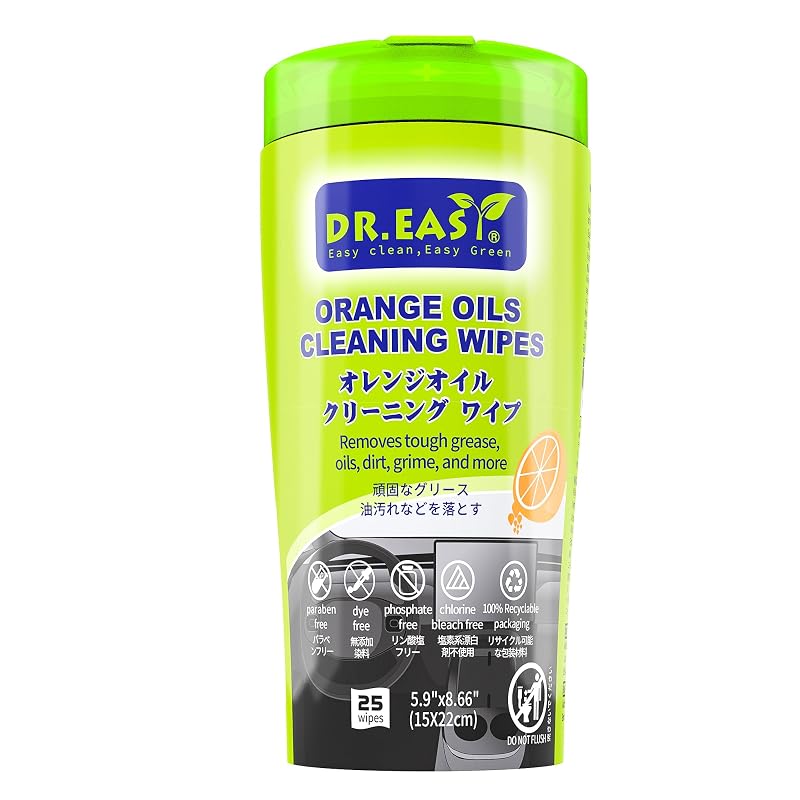Lenços Umedecidos para Limpeza Automotiva com Óleo de Laranja DR. EASY, Removedor de Graxa e Sujeira, 25 unidades