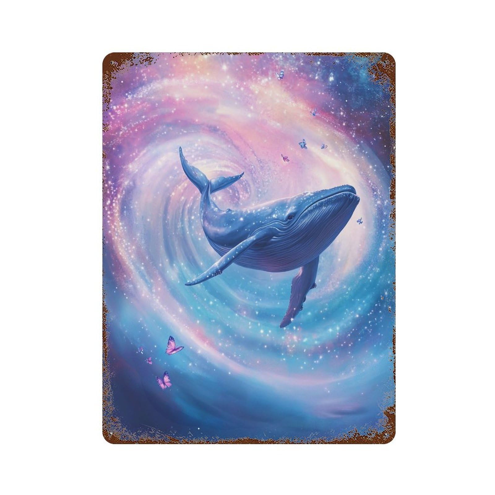 Whale in Cosmic Swirl Rust Effect Tin Sign 15.7"x11.8", Industrial Home Decor for Basement, Hobby Room And Garage Decor