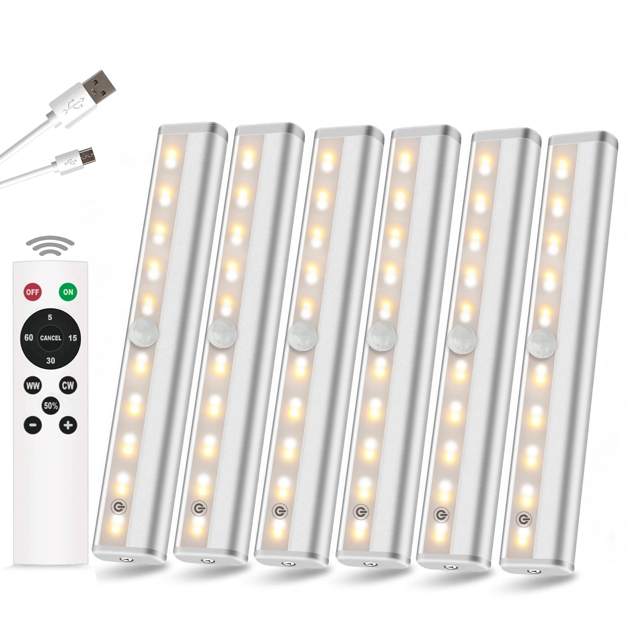 BDZMLITE Under Cabinet Lighting Wireless with Remote 6 Pack, 20-LED Dimmable Closet Lights Rechargeable Bookshelf Lighting, Stick on Touch Night Light Strip Bar for Kitchen Stairway Bedroom, 3 Colors