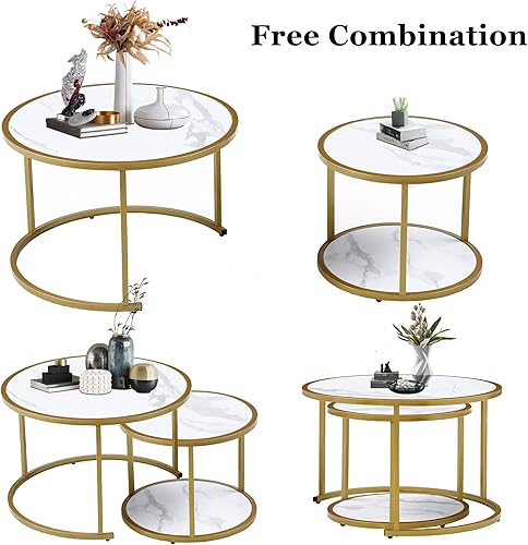 Miniatura 31 de Juego de 2 mesas auxiliares apilables rústicas, modernas mesas auxiliares redondas de madera con patrón de mármol para sala de estar, dormitorio,