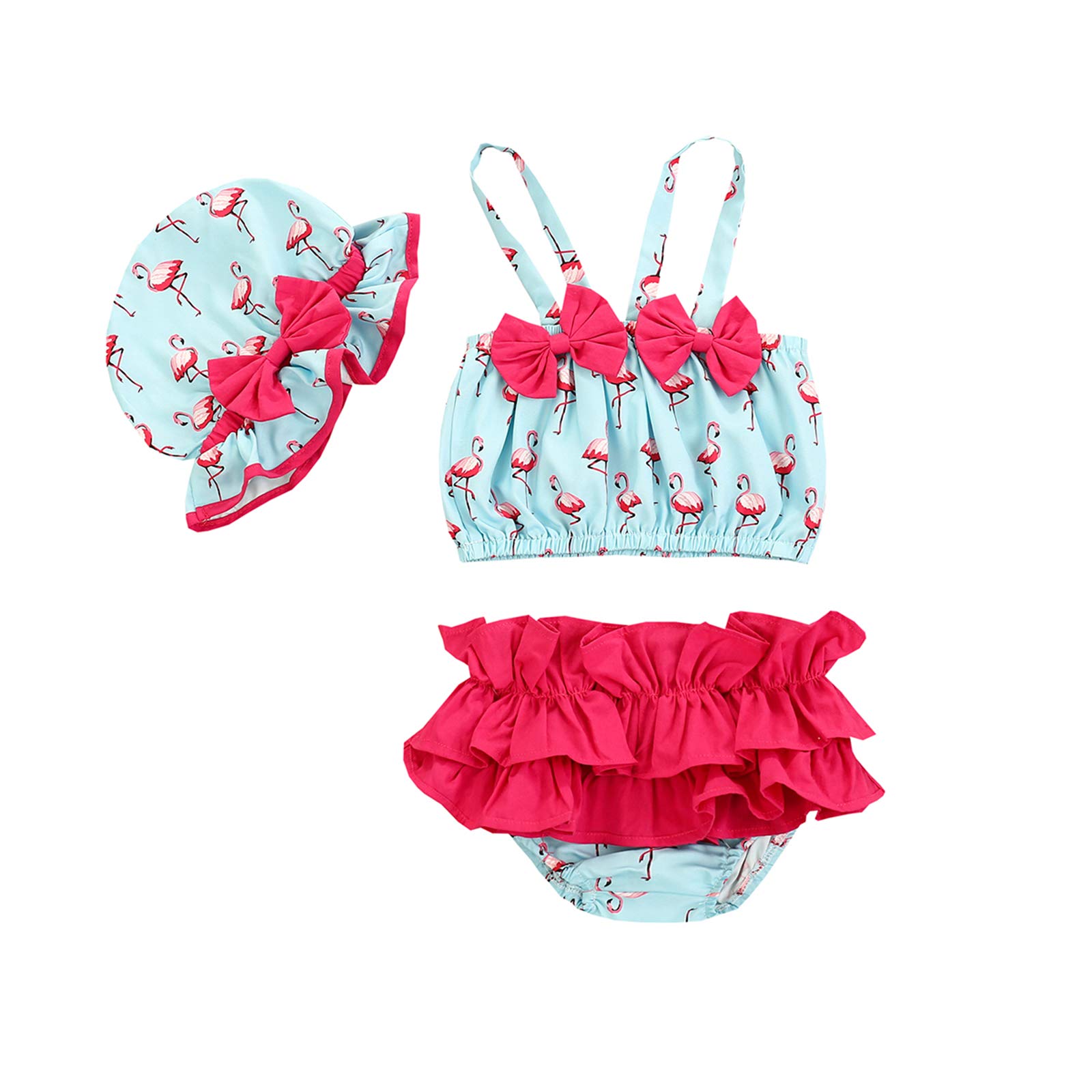 Carolilly 3 Pezzi Costume da Bagno Neonata Bikini Set Bambina Estivo Stampa Fenicottero Costumi Mare Bimba Beachwear con Fiocco Carino per Vacanza