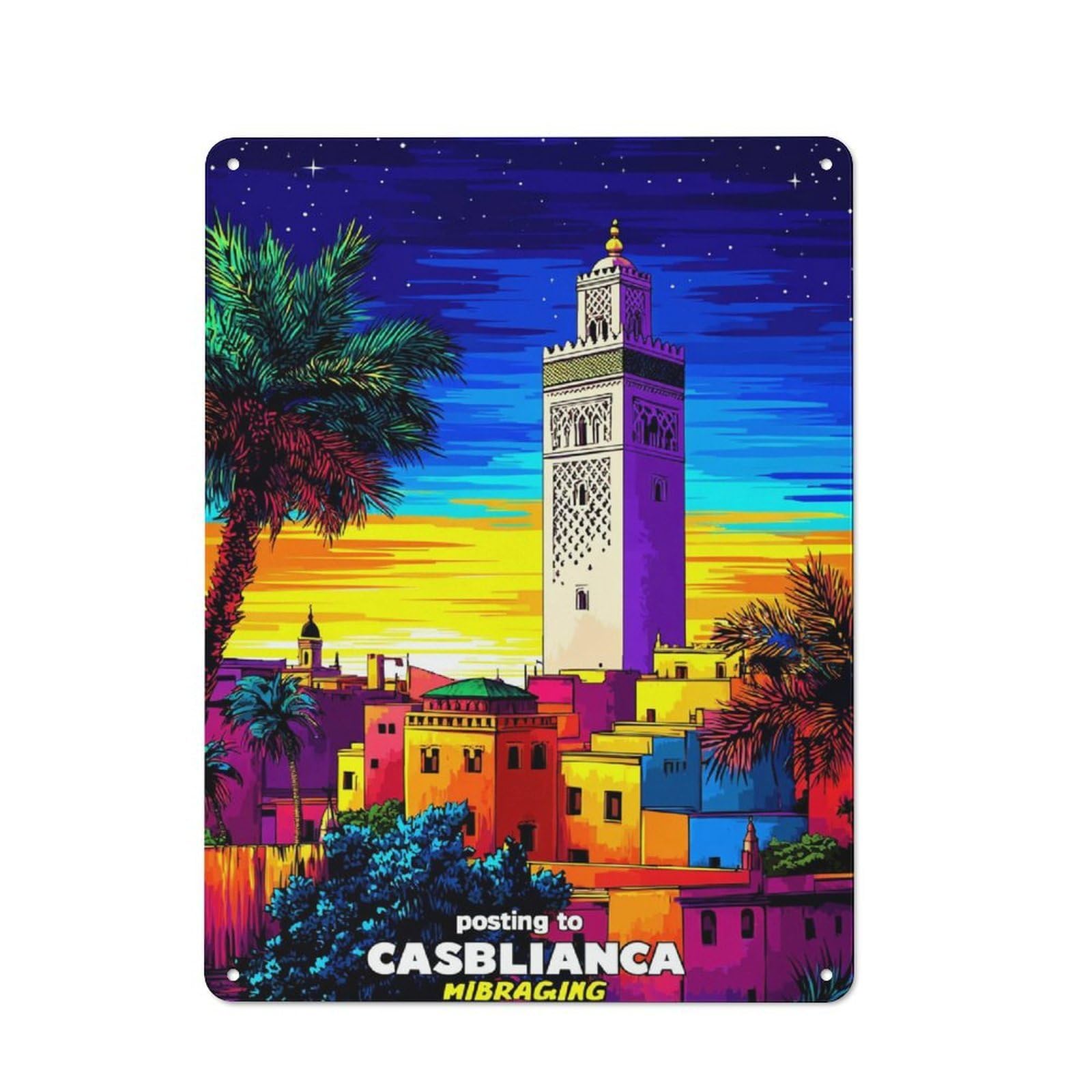 Junmoney Colorful Sunset In Casablanca Industrial Decorative Metal Plaque 40X30cm Featuring Urban Room Decor For Flat, Bar, Studio Or Gallery Wall
