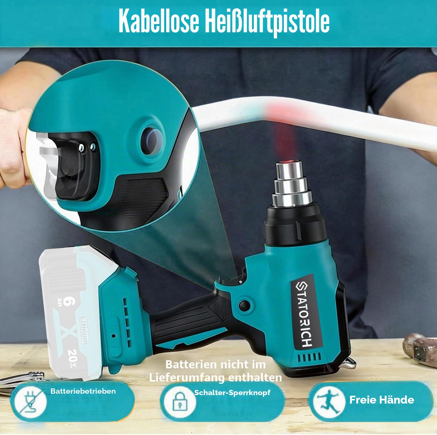 Akku Heißluftgebläse für Makita 18V, Manuelle Heißluftpistole mit Digitalem LCD-Lichter, 50 °C - 550 °C & Luftkontroll für DIY, Basteln, Abziehen(Ohne Akku)