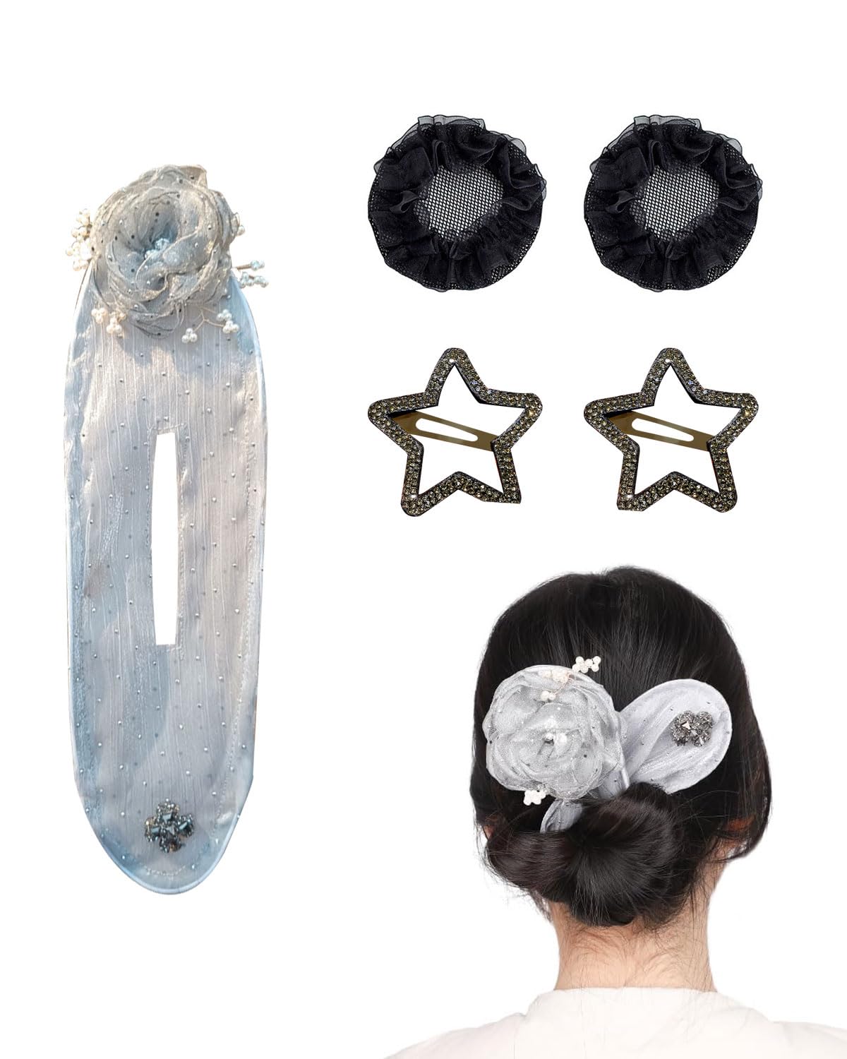 5 pezzo fermagli per chignon- rullo per chignon con fiore, bigodino facile e veloce,accessorio per capelli per chignon per donne e ragazze (con 2 retine per capelli)