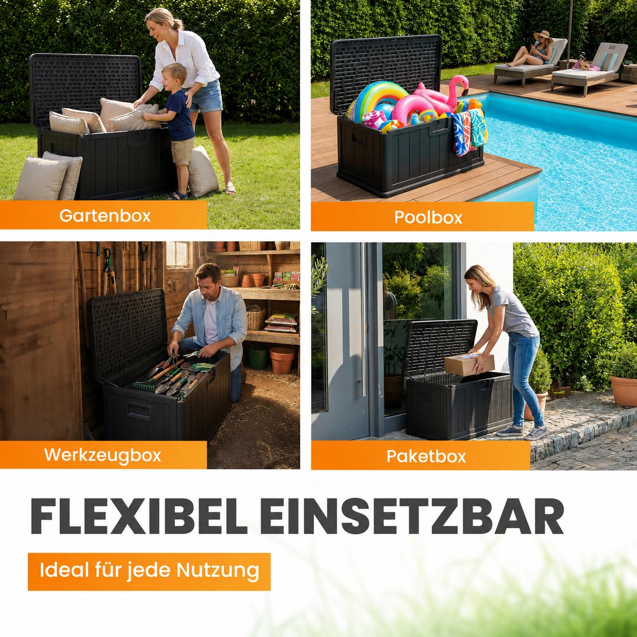 Naturiz® Gartenbox wasserdicht & stabil 375L - Aufbewahrungsbox XXL - Gartenkiste wetterfest - Auflagenbox, Kissenbox, Paketbox, Gartentruhe, Outdoor Box, Garten Box, schwarz (375L)