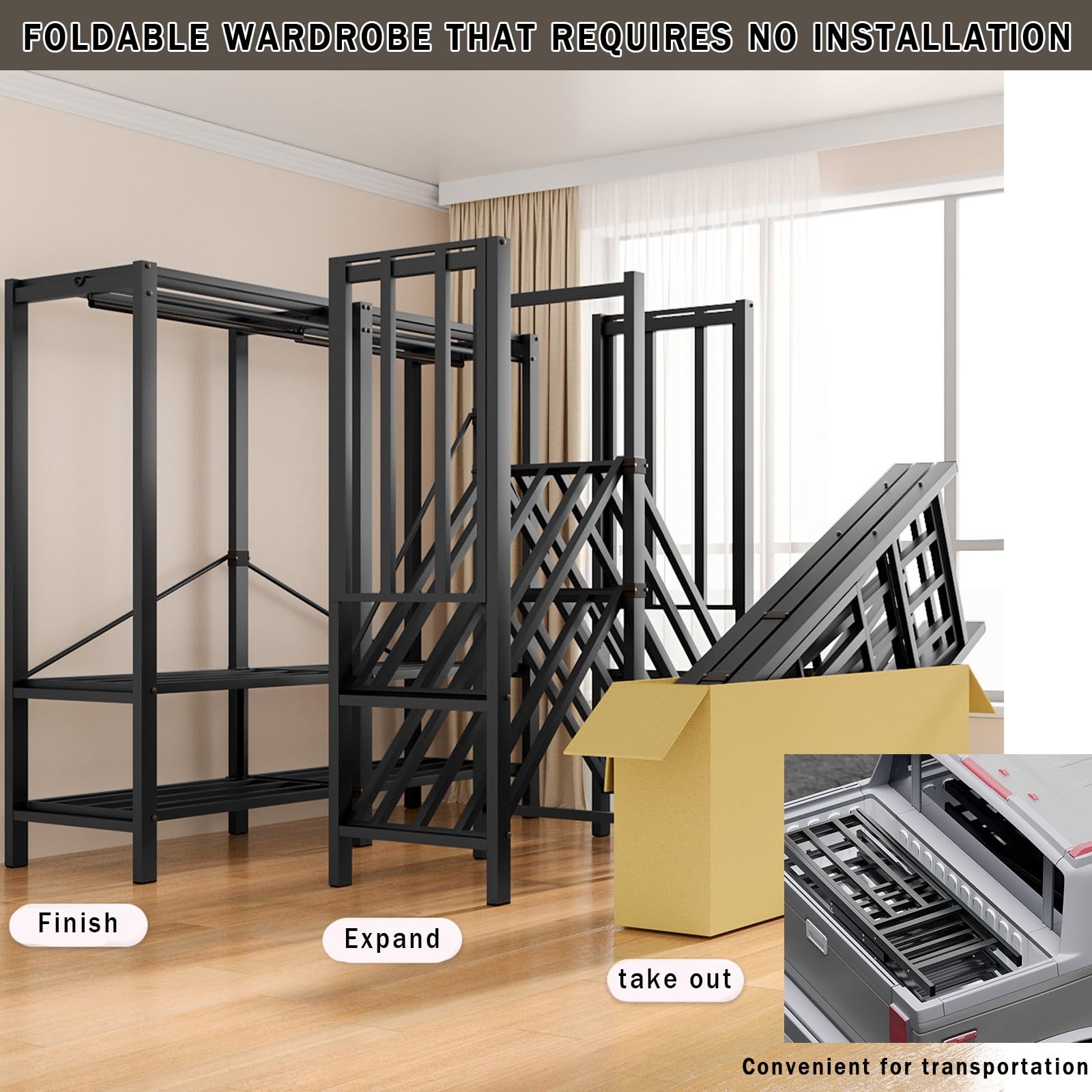 Einfach Stoffschrank Klappbarer,Große Kleiderschrank Faltbarer,Metall Kleiderschrank Mit Kleiderstange Stoff Offener Für Schlafzimmer,Geschlossener Faltschrank Für Zuhause(215cm/84.6in)