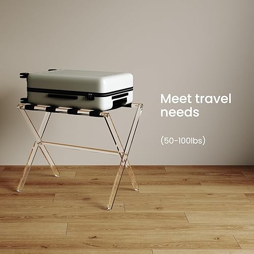 Miniatura 5 de Sumerflos Portaequipajes de acrílico para habitación de invitados, soporte plegable transparente para maleta con correas de cuero para dormitorio,