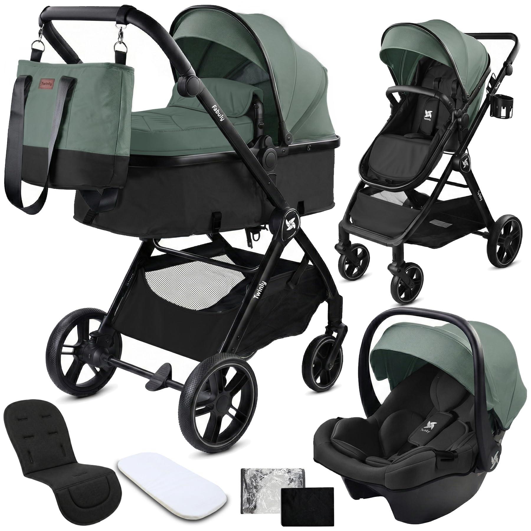 Passeggino Trio 3 in 1 Sistema Modulare Carrozzina Neonati Ovetto Auto Verde 25 kg