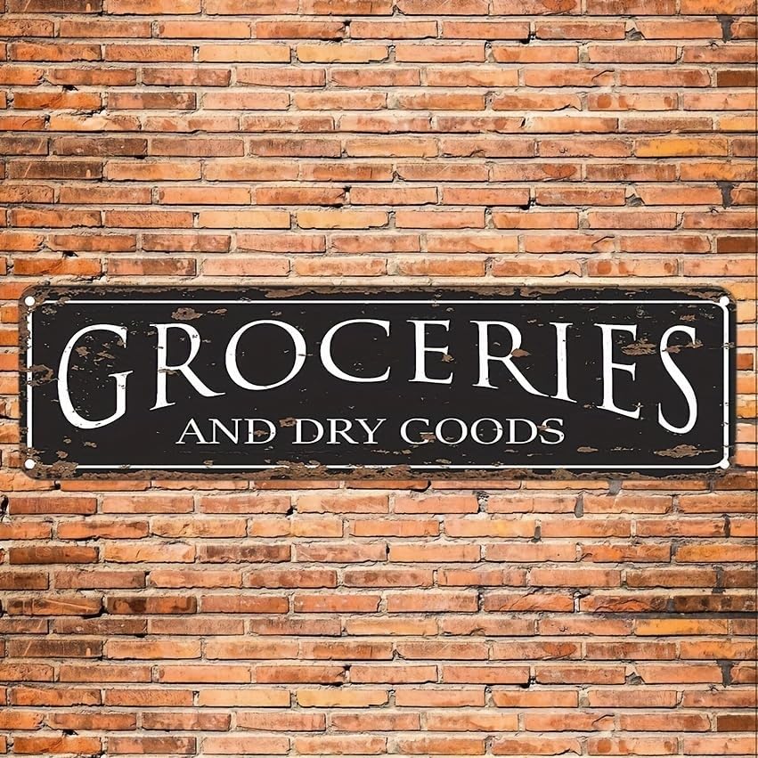 Letrero retro de hojalata para decoración de pared de comestibles y productos secos, 16 x 4 pulgadas para bar, restaurante, decoración estética de