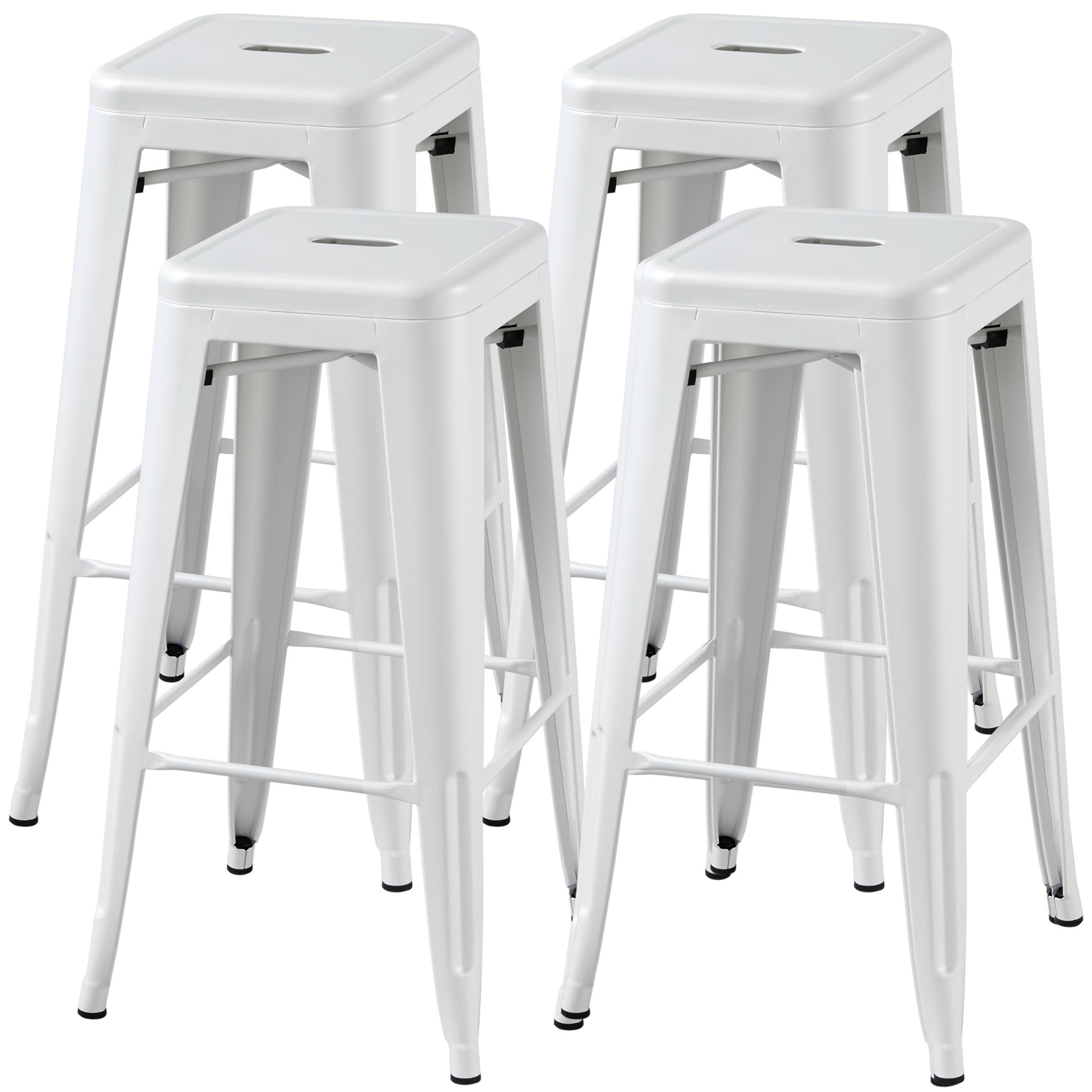 30 Inch Metal Bar Stools Set of 4, Bar Height Backless Bartools, Industrial Stackable Bar Chairs with Footrest for Kitchen/Dining Room/Bistro/Patio, White