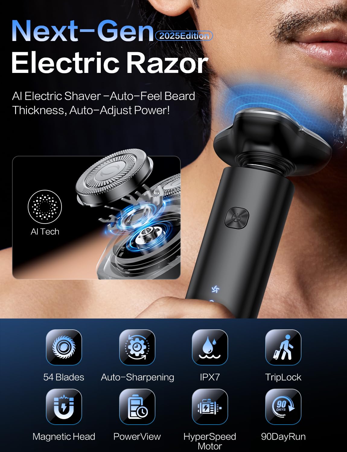 Rasoio elettrico per uomo, Rasoio elettrico da uomo, Sistema di rasatura rotante a 3 lame, interruttore touch, Ricarica rapida di tipo C, Display a LED, Blocco da viaggio, Tempo di esecuzione di oltre