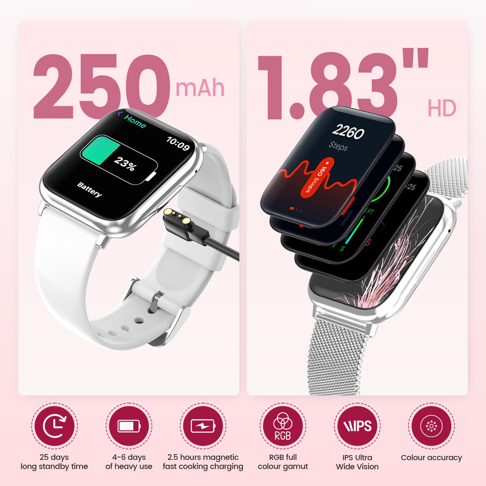 Smartwatch Donna con Chiamate Bluetooth, 1,83” Smart Watch 107+ Sportive con SpO2/Ciclo Mestruale/Frequenza Cardiaca/Monitoraggio Sonno/Impermeabile IP68 FitnessTracker per iOS Android (Argento)