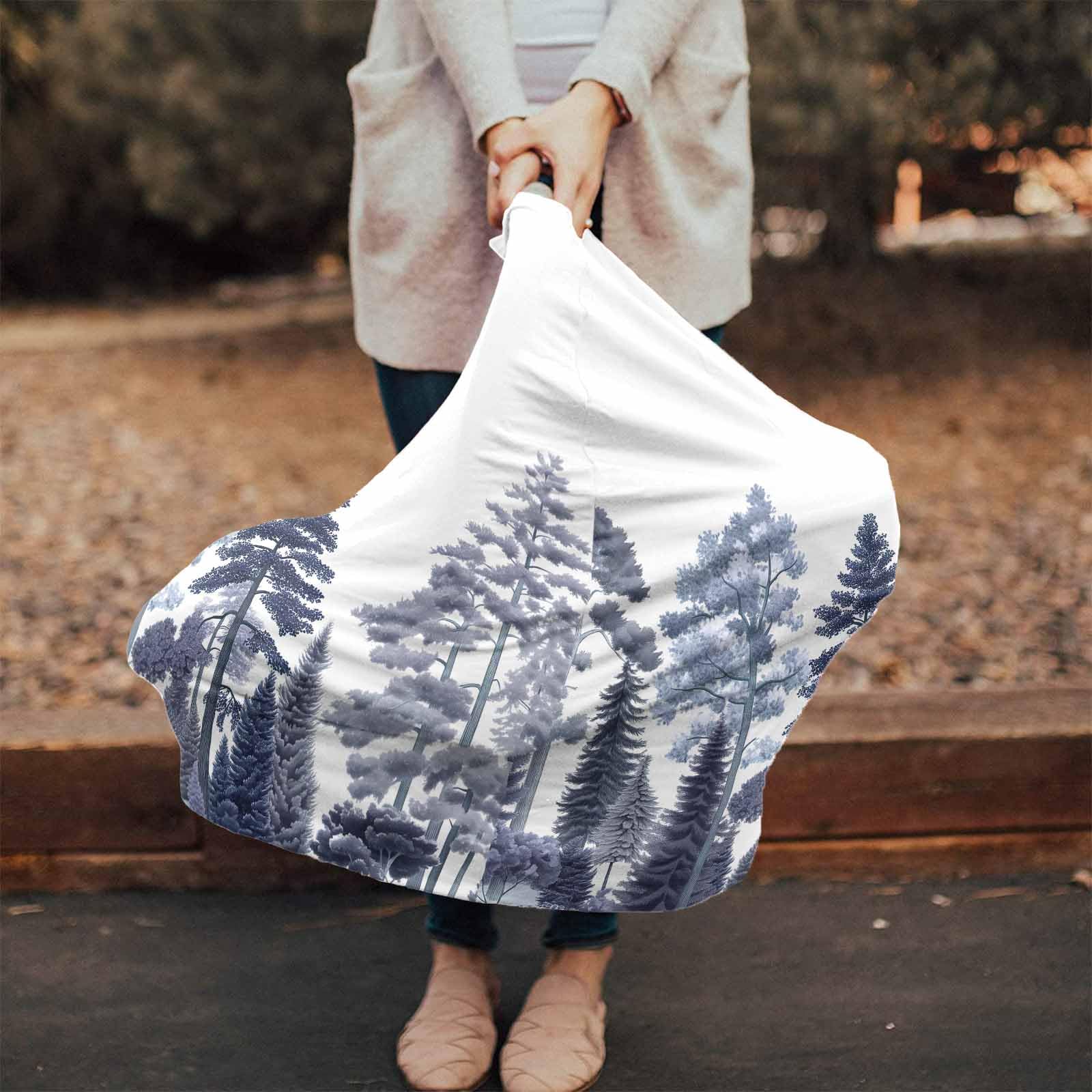 Nursing Cover for Breastfeeding Scarf, Watercolor Painting Blue Various Trees Forest Baby Car Covers Super Soft Multi Use for Canopy Shopping Cart Cover Blanket Stroller Cover
