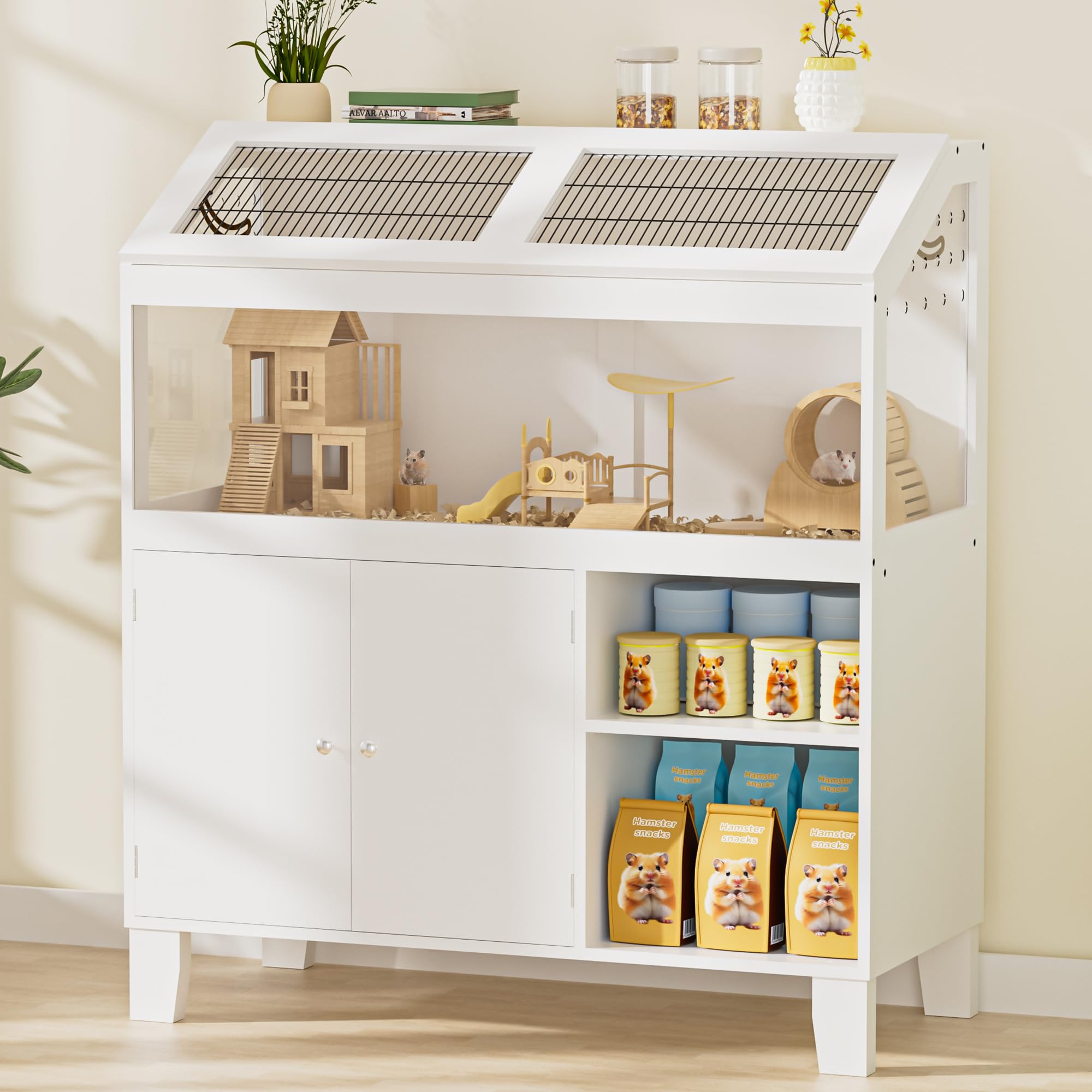 Hamster Cage, Large Hamster Cage with Storage Cabinet, Large Habitat with Easy View Acrylic Panels, Wooden Small Animal Cages for Guinea Pigs, Rabbits, Gerbils, Hedgehogs, White