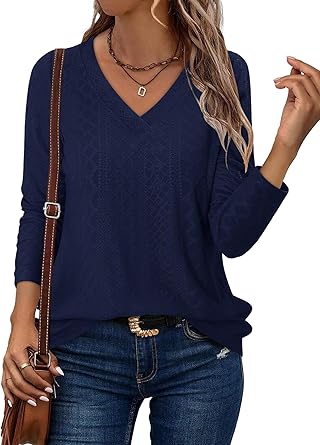 KISSMODA Long Sleeve Fall Shirts For Women V Neck Tunic Tops Embroidered Button Down Knitted Blouses 2025