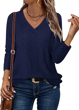 KISSMODA Long Sleeve Fall Shirts For Women V Neck Tunic Tops Embroidered Button Down Knitted Blouses 2025