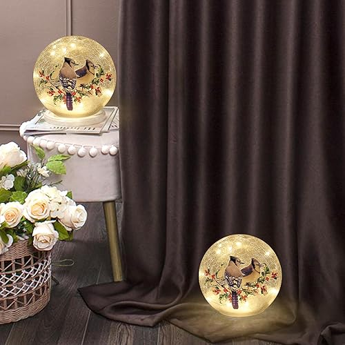Miniatura 3 de Lámparas de mesa con temporizador de 5.5 pulgadas, elegante lámpara redonda de cristal con doble pájaro y motivo floral, luz fría, resplandor,
