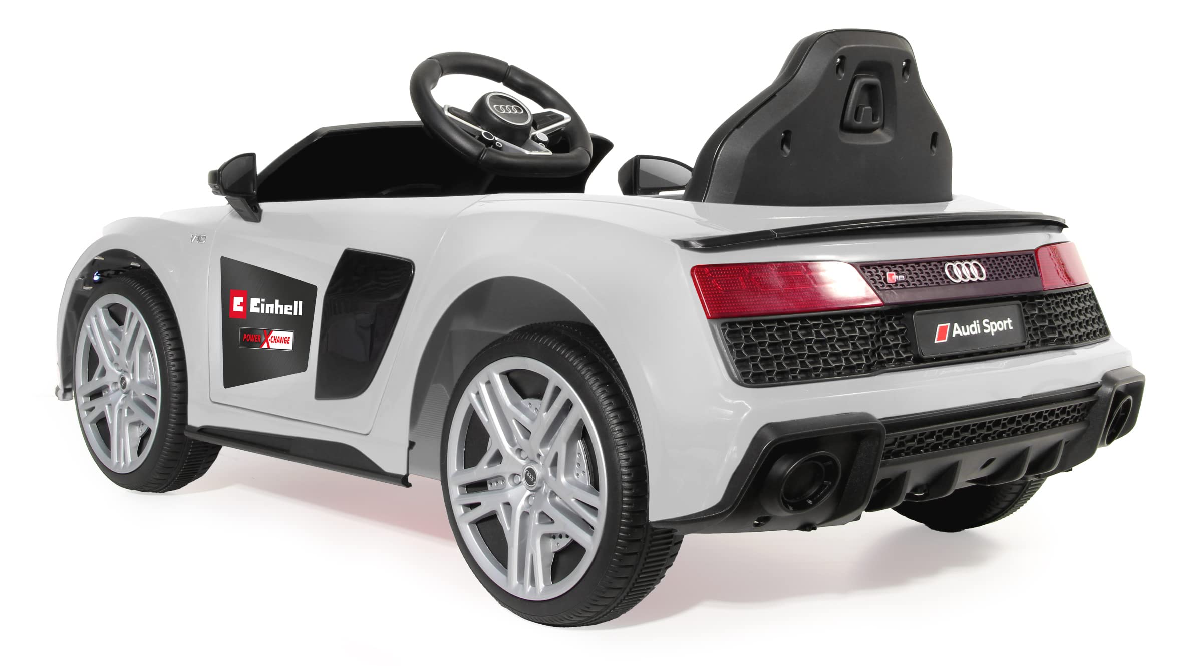 Jamara 460914 -Ride-on Audi R8 Bianco 18V Versione Einhell - Licenza Ufficiale, Suoni, Musica, Luci, 2 Ruote Motrici, Sistema di Batterie con Cambio Rapido