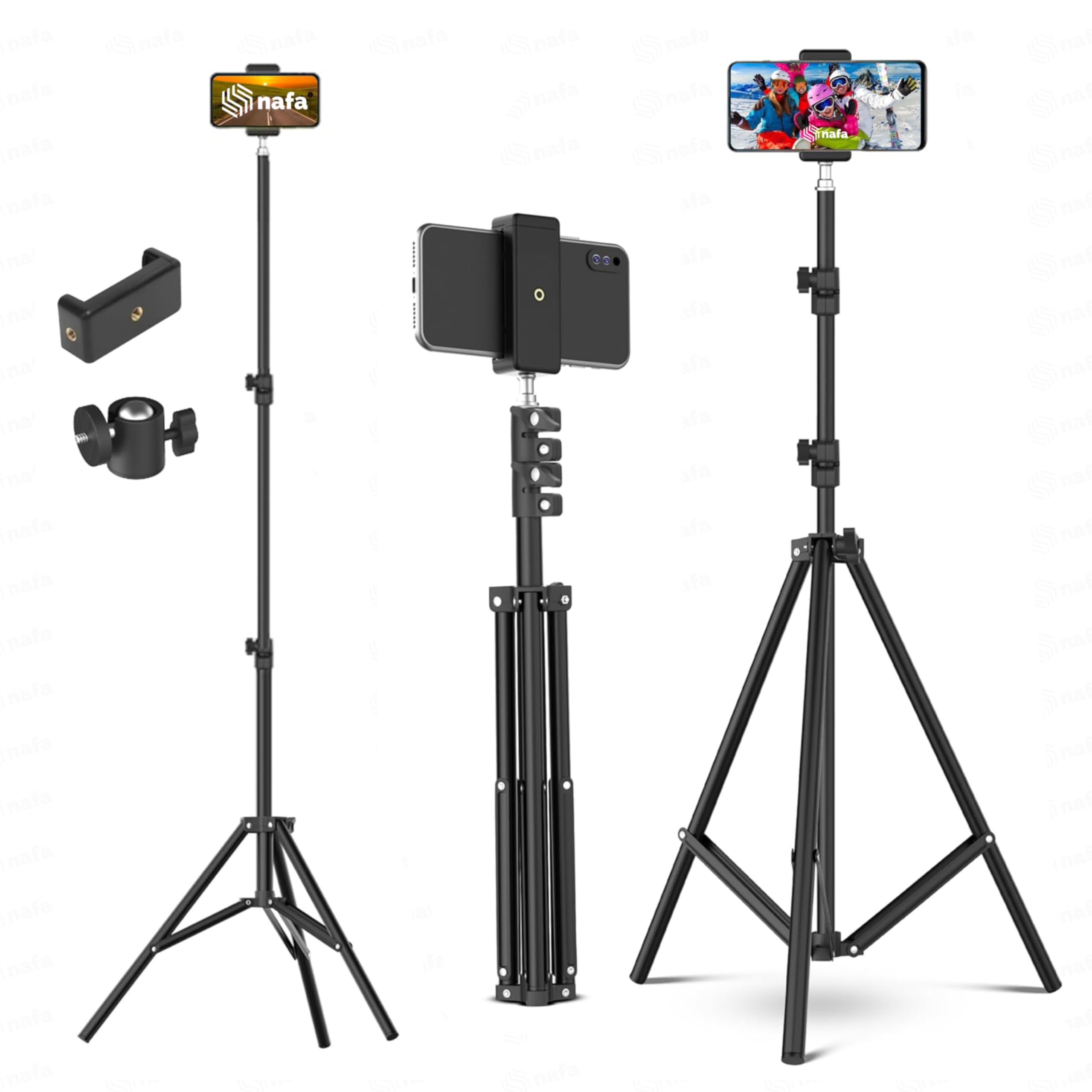 NAFA Lightweight & Portable 7 Feet (84 Inch) Long Tripod Stand with Adjustable Mobile Clip Holder for All Mobiles & Cameras | Working Length of 800 mm to 2100 mm | Supports Weight Up to 5000 g