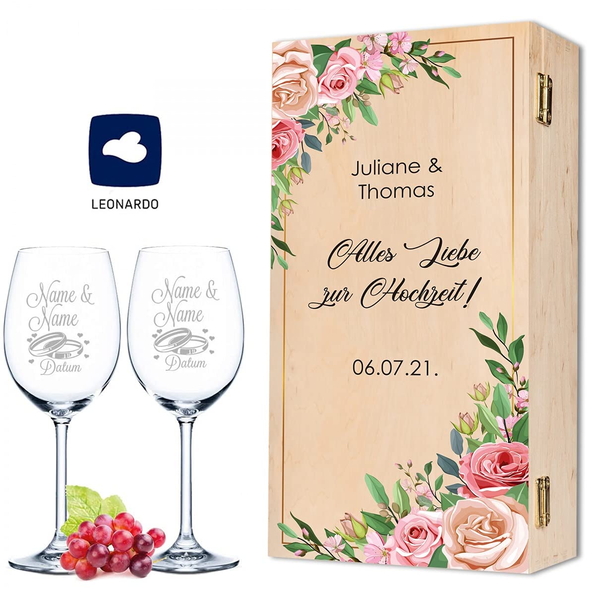 GRAVURZEILE Leonardo Weingläser mit Gravur - Pink Roses Design - Personalisiert mit Namen & Datum inkl. Holzkiste - Geschenk zur Hochzeit Verlobung Jahrestag - Farbe: Kleine Kiste UV