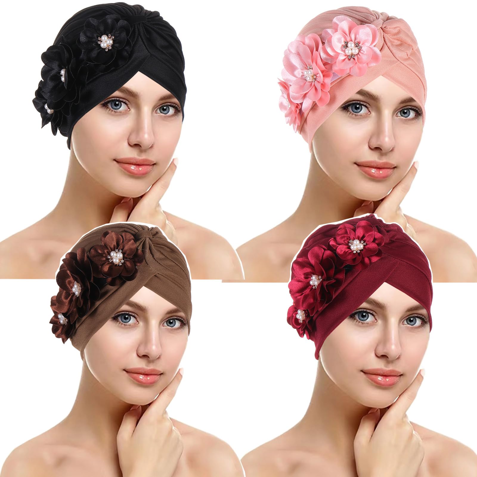 2 Pieces Womens Turban Three Flower Plicate Caps Vintage Beanie Headscarf Bonnet Elastic Headwrap Hat