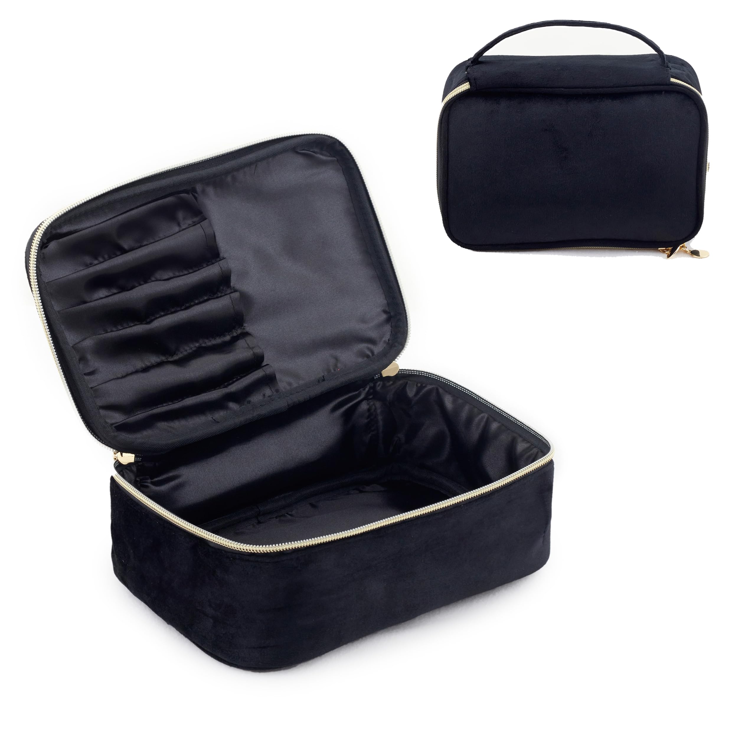 KOPY Velvet Makeup Bag for Women, Large and Classy Makeup Organizer, Make Up Travel Toiletry Bag Portable With Handle (Black)