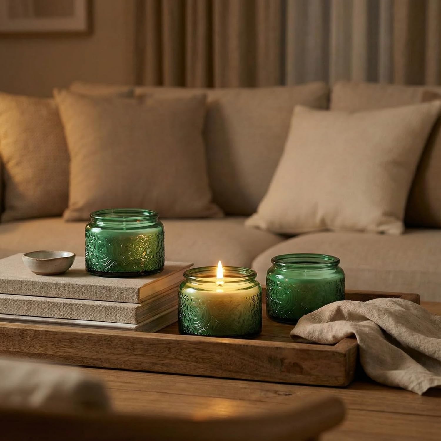 18-Pack 4oz Embossed Glass Candle Container with Bamboo Lids and Labels, Green Candle Jars for Making Candles, Sun Moon Star Design