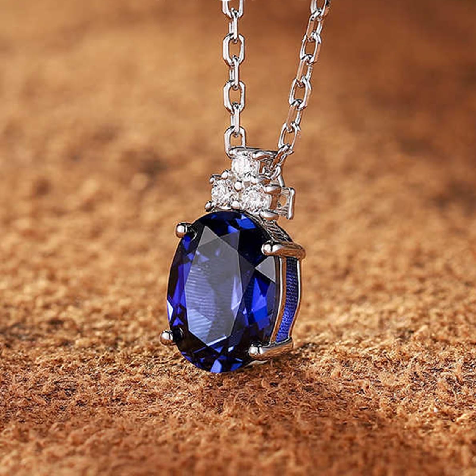 Damski łańcuszek 9 K/14K/18K białe złoto, elegancki owalny wieniec promieniujący wisiorek naszyjnik z laboratoryjnym szafirem 1,85 ct i moissanitem, złoty łańcuszek, prawdziwa biżuteria