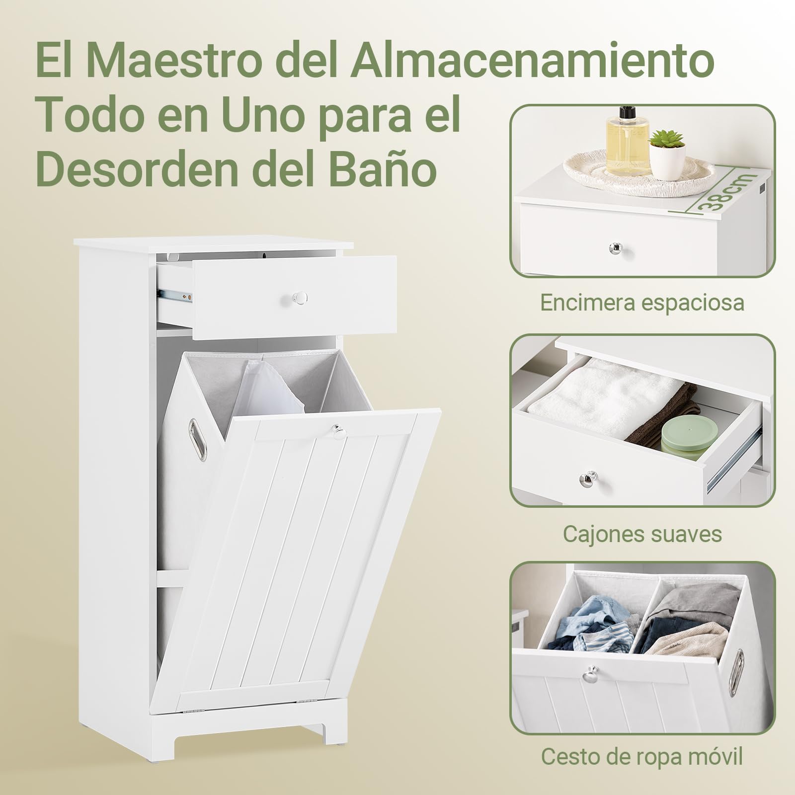 SoBuy Mueble Baño Auxiliar Estrecho con Cesta para Ropa - Armario Compacto con Cajón y Bolsa Extraíble para Lavado - Mueble Ropa Sucia Pequeños en MDF, Blanco, 40×90×38 cm, BZR21-W