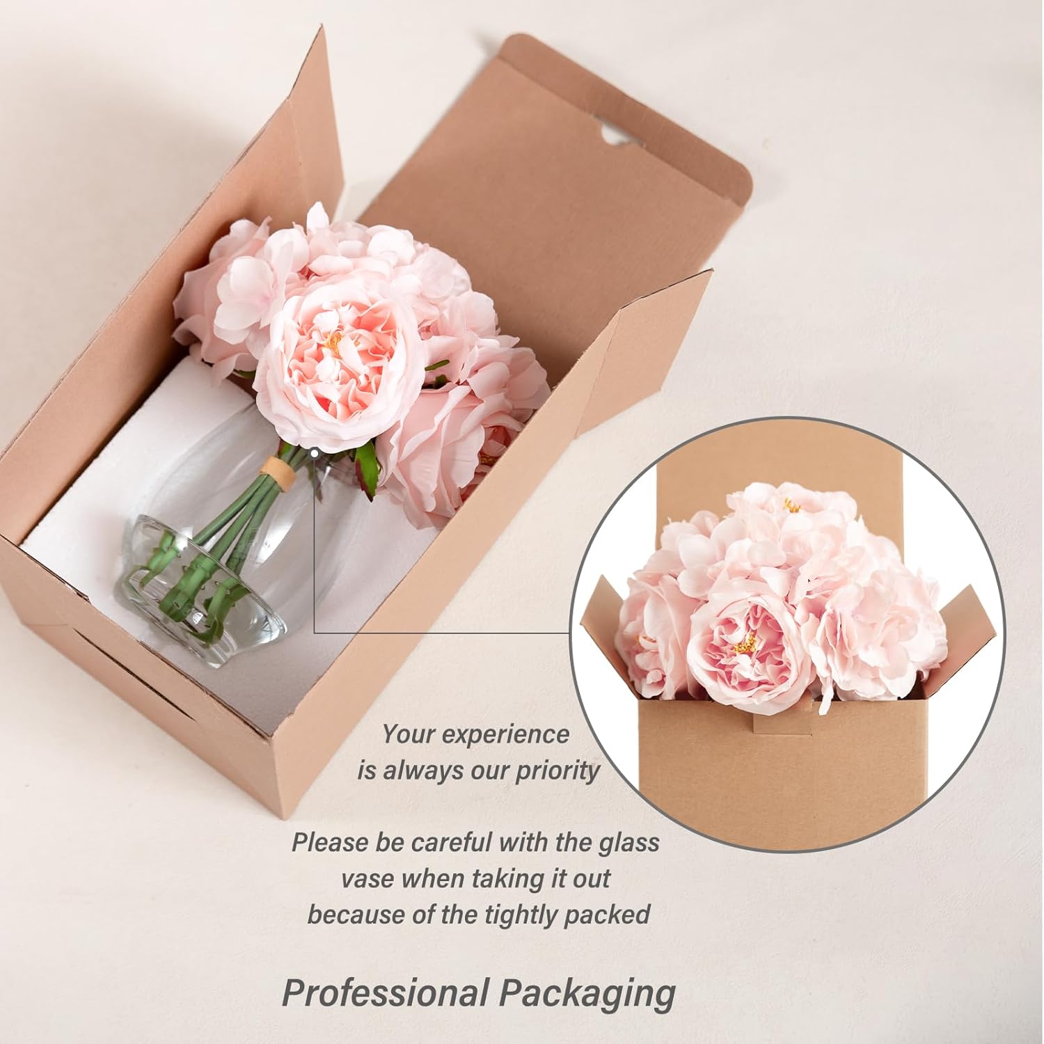 Silk Peonies Artificial Flowers in Glass Vase with Fake Water, Pink Faux Silk Peony Rose with Hydrangea Flower Bouquet with Vase as Dining Table Centerpieces for Home Wedding Party Decor & Mom's Gift - Image 5