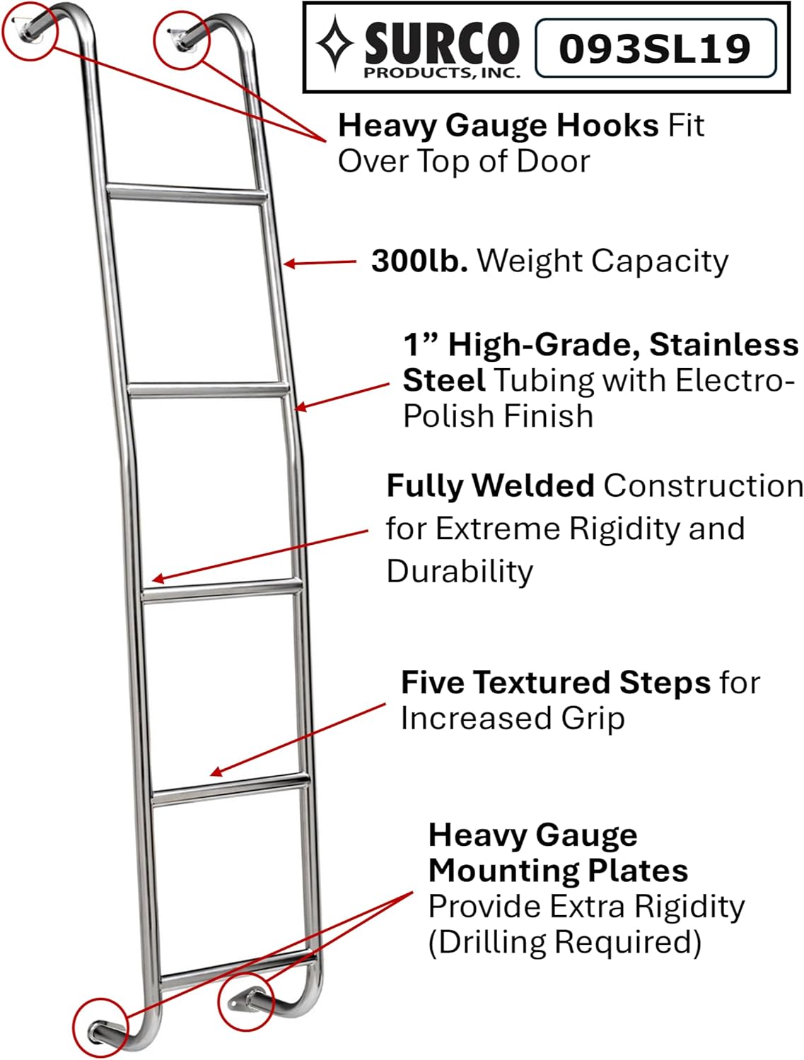 Surco 093SL19 Stainless Steel 5-Step Van Ladder - Compatible with Select 2019 and Newer High Roof Freightliner Sprinter, Mercedes-Benz Sprinter