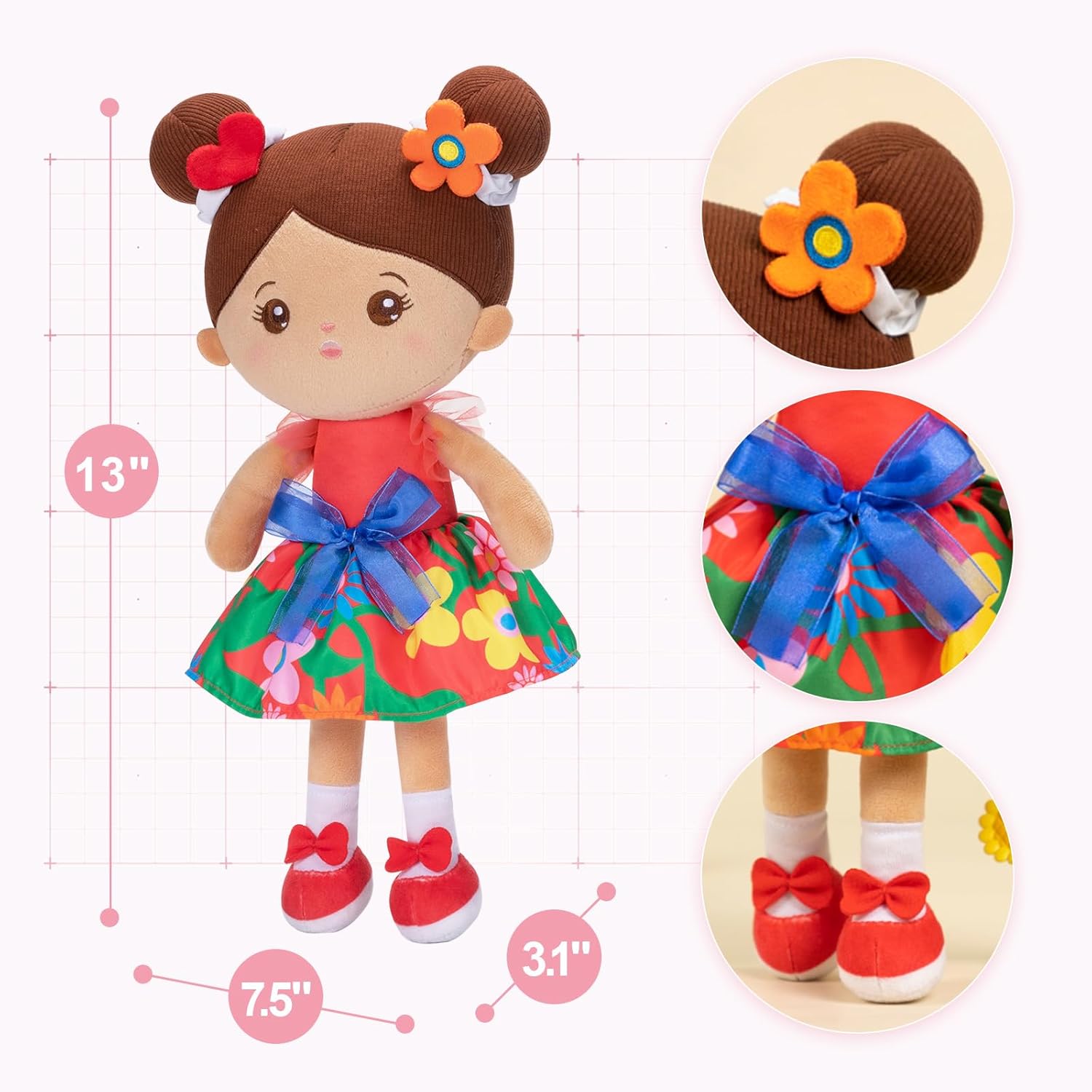 OUOZZZ 10“ Soft Baby Doll for Girls & 12.6" Plush Rag Dolls Red Floral Dress Toy - My First Baby Doll Birthday Gifts for Toddlers Kids Infants