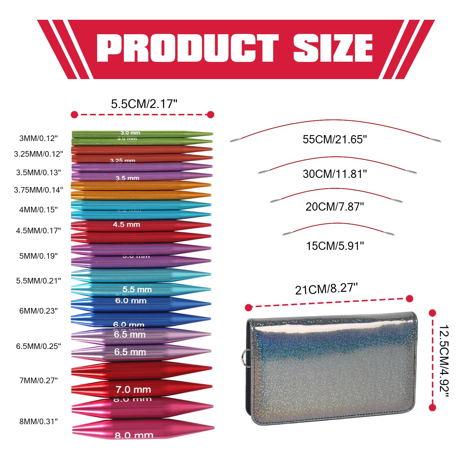 Juego de agujas circulares intercambiables con 12 pares de agujas de tejer cortas de aluminio (5,5 cm) de grosor 3-8 mm para calcetines, incluye cables, accesorios, bolsa