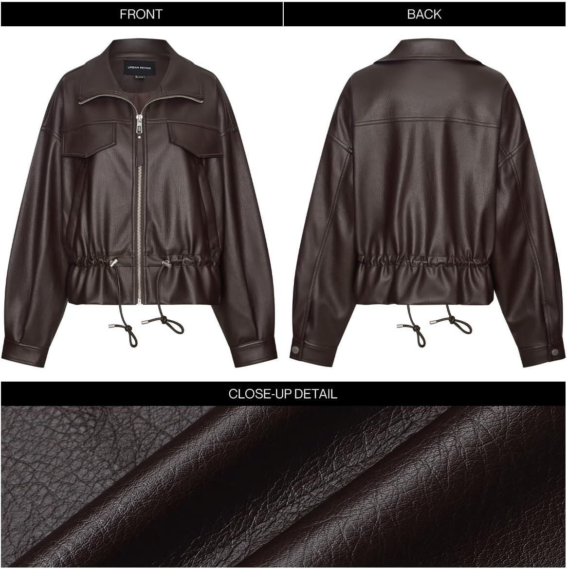 URBAN REVIVO Brown Cropped Faux Leather Jacket for Women, Belted Waist with Oversized Lapel - Image 6