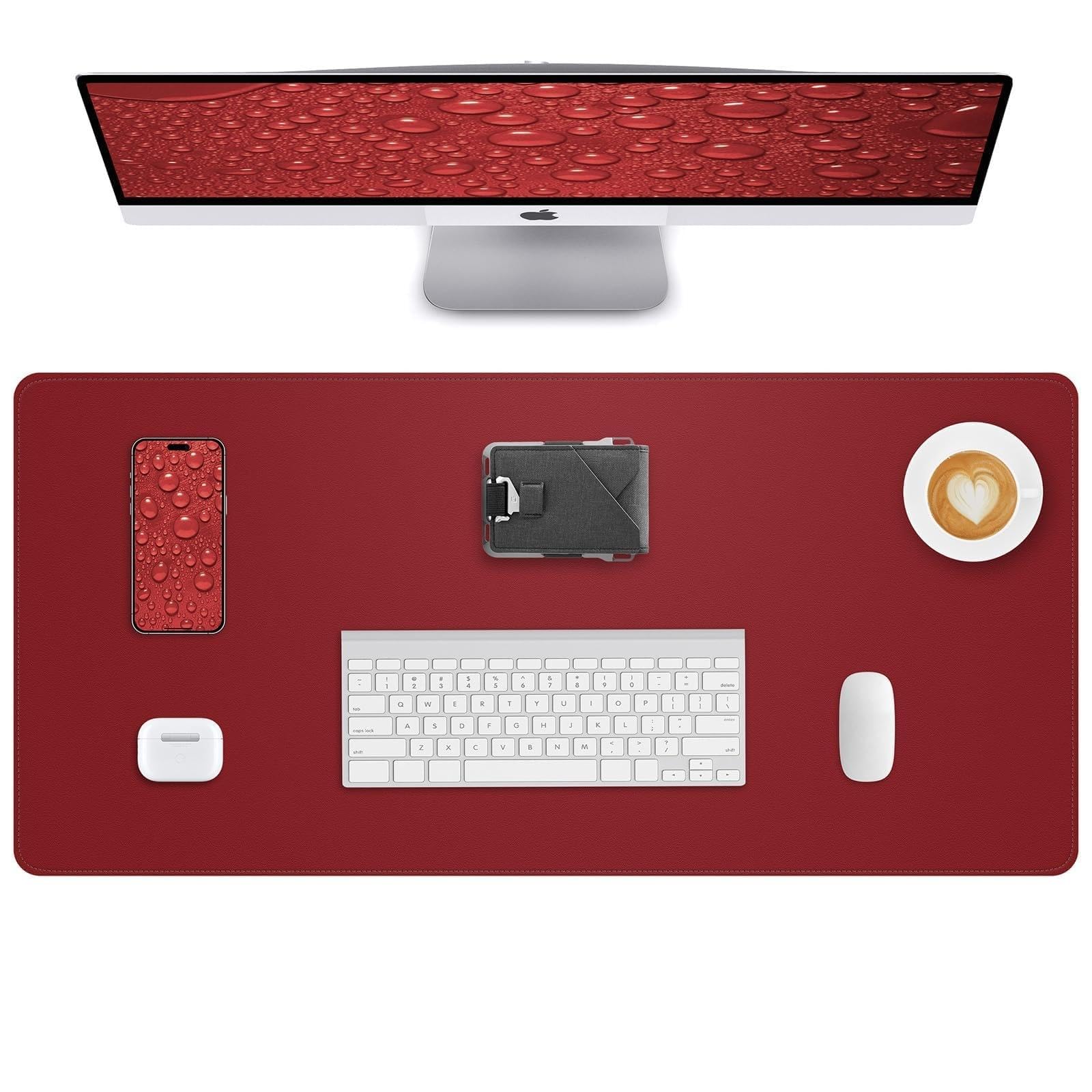 Leather Desk Pad Protector, 60 x 35 cm Computer Mat, Large Mouse Pad, Non-Slip, Waterproof PU Leather Blotter, Desk Cover for Office and Home (Red)