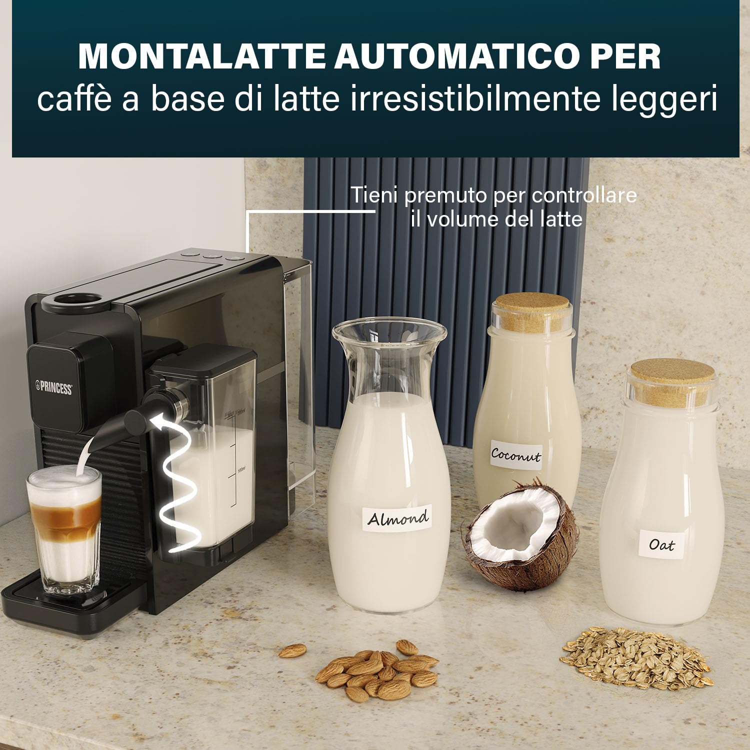 Princess Capsule and Latte Pro Macchina da Caffè a Capsule, Compatibile Nespresso, Latte Automatico, 20 Bar, 1400W, BPA Free, Parti Lavabili, Spegnimento Automatico, 01.249455.01.001