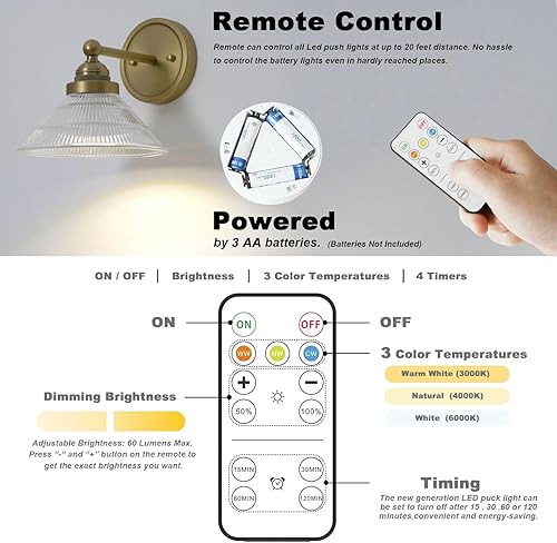 Miniatura 5 de HEQIQEH Aplique de pared vintage a pilas con pantalla de vidrio acanalado transparente, lámpara de pared inalámbrica regulable con control remoto