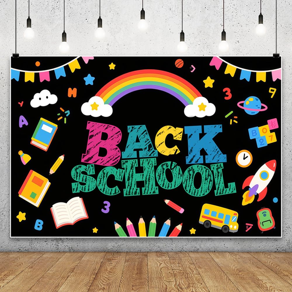 4.2x3m Cartoon-Regenbogen Einschulung-Fotohintergrund Schulbuch Bleistift Tafel Hintergrund für Bürobanner Klassenzimmerbedarf Fotokabine