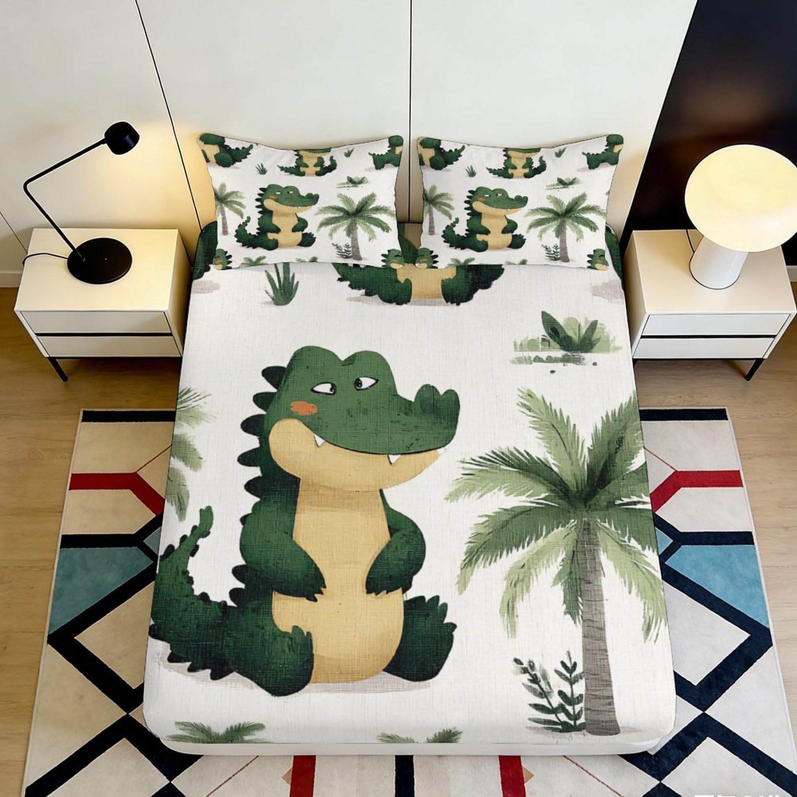 3D Printed Cartoon Crocodile Fitted Sheet Microfiber Soft Palm Tree Bed Cover for Bedroom Guest Room Easy Care 90x200x25cm