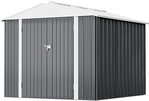 Greesum Cobertizo de almacenamiento de metal para exteriores, 8 x 6 pies, cobertizo de herramientas de acero con puerta y cerradura, cobertizos de