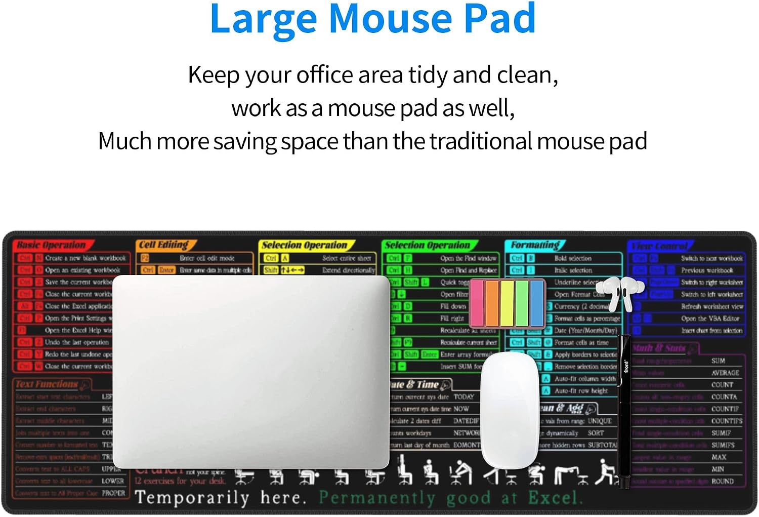 Excel Shortcut Keys Mouse Pad Extended Large Gaming Mousepad XL Big Long Oversized Desk Mat Stitched Edges 31.5 X 11.8 Inch for Home Office image 4