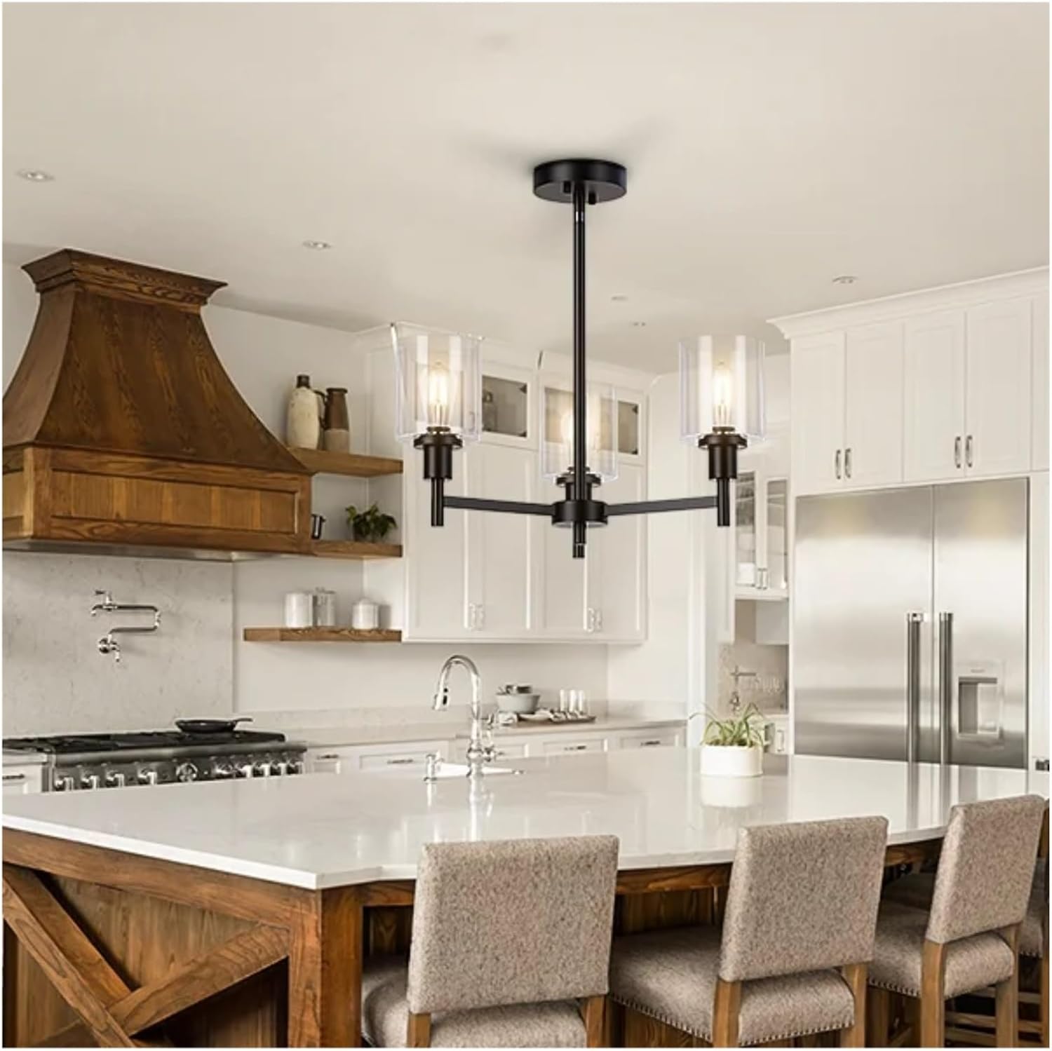 Chaner for Dinning Room Light Fixture Kitchen Island Modern Farmhouse Pendant Ceiling Lights with Clear Glass Shade for The Bedroom (3lights)