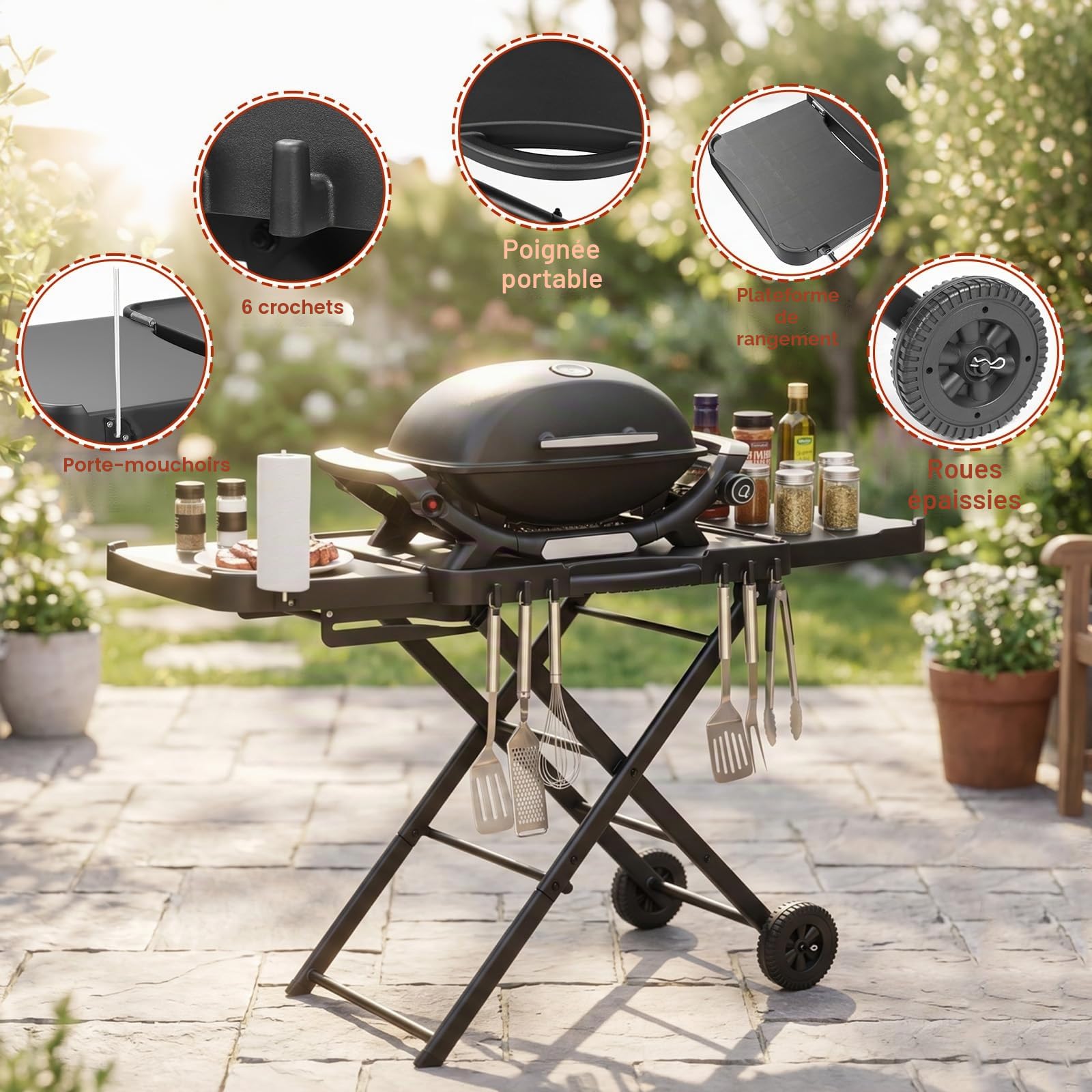 Chariot de barbecue pour Weber Q100, Q200, Q300, Enders Urban, Nexgrill, Ninja Woodfire Grill, four à pizza, Solo Stove, Burnhard Wayne
