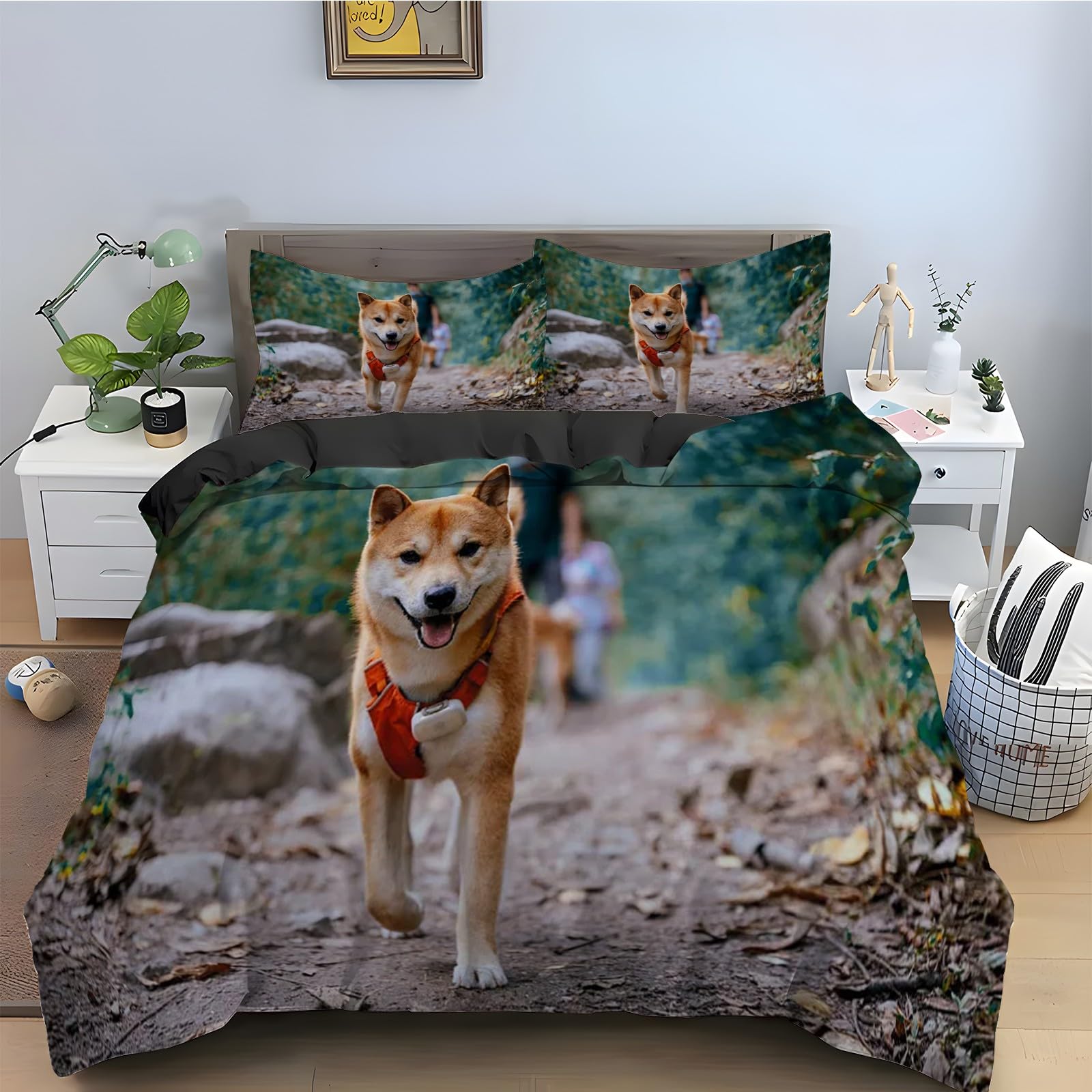 Housse couette 160x200 Shiba Inu parure de lit animal ensemble 3 pièces