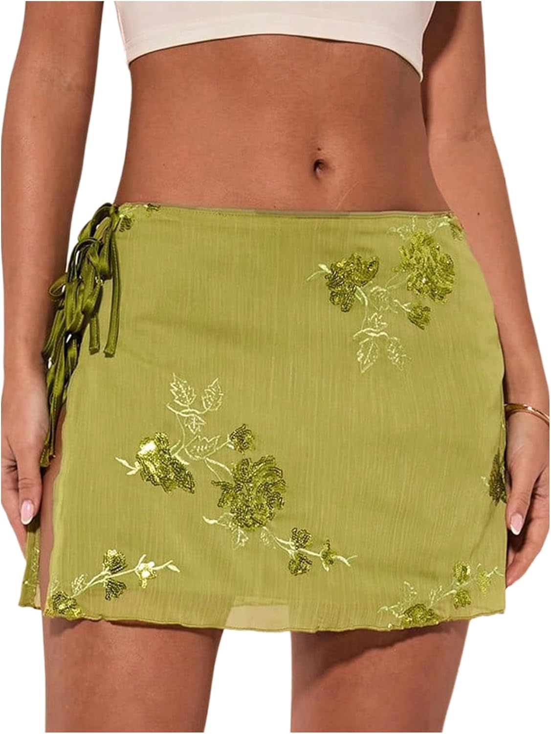 MakeMeChic Women's Floral Embroidery Mini Skirt Low Waist Tie Side Split Skirts