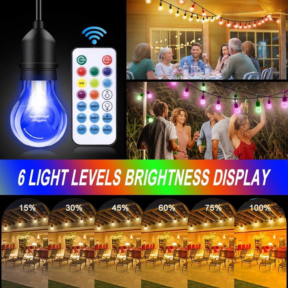 Auroraworld 35FT RGB Outdoor String Lights, Dimmable Color Changing Waterproof LED Patio Lights with Remote & E26 Shatterproof Edison Bulbs for Bistro Backyard Garden Party Decor - Image 6