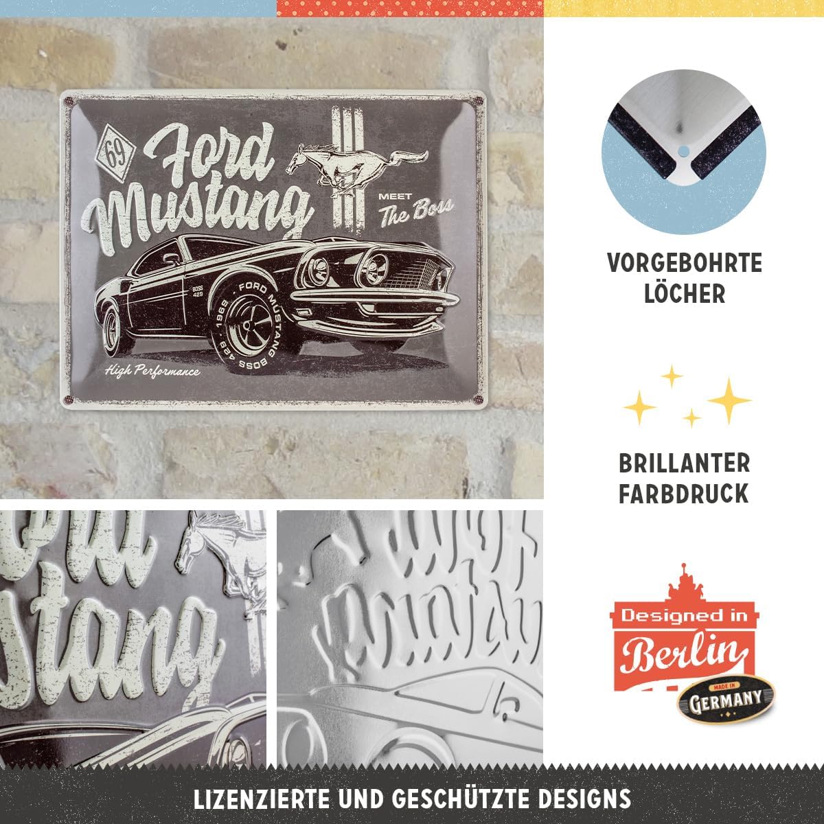Nostalgic-Art Retro tin sign, 11.8" x 15.7", Ford Mustang – The Boss – Gift idea for Ford fans, Official License Product (OLP), made of metal, vintage design