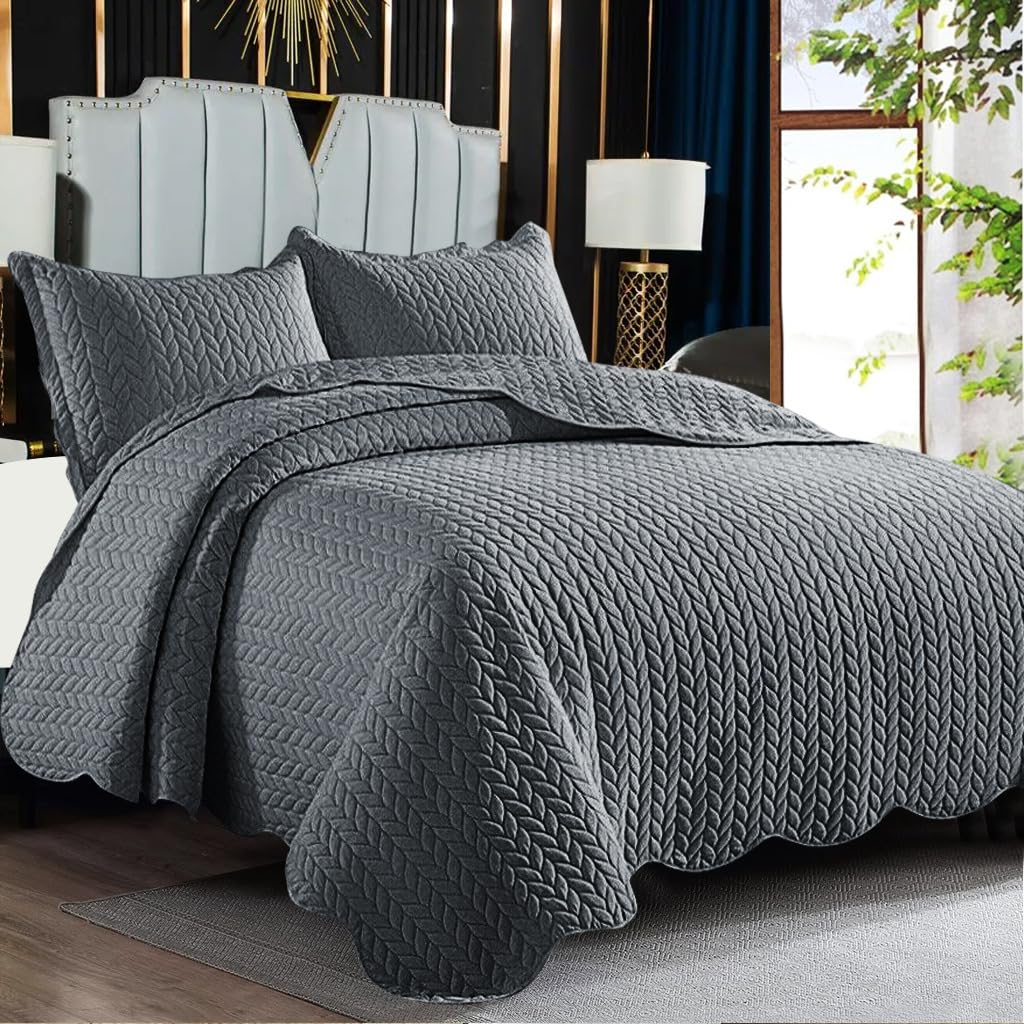 PHP Quilted Bedspread King Size Bed - Reversible Matt Finish Embossed Bedding Sets Kingsize Quilt 250 X 240 cm + 2 Pillow Shams- Grey Bed Throws Bedspreads โ image 1