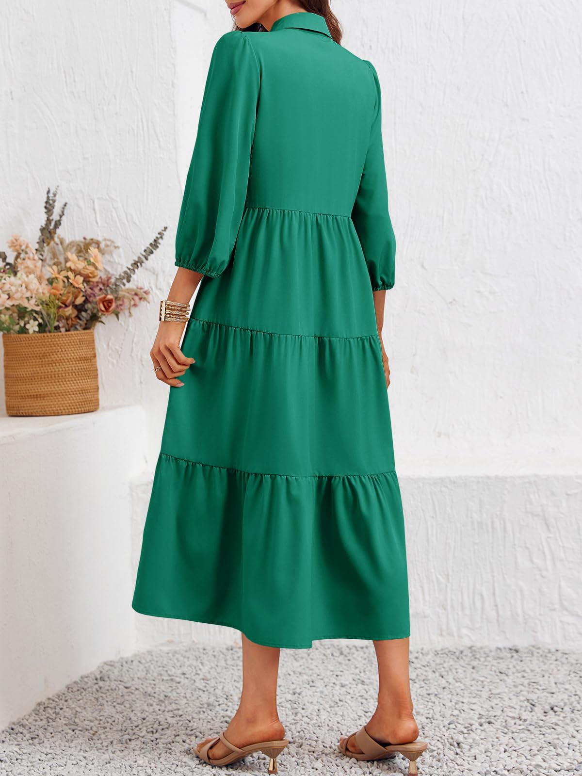 Wenrine Abito da donna casual con maniche a 3/4, con bottoni, scollo a V, colletto a balze