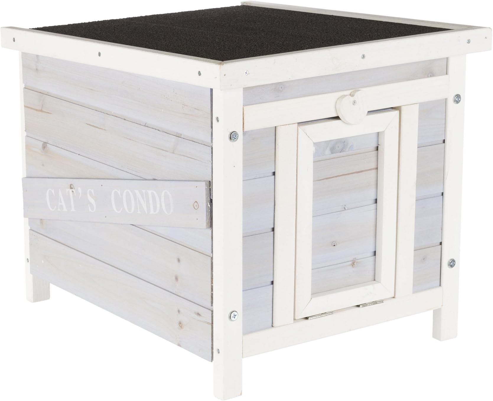 TRIXIE Small Outdoor Cat House, Weatherproof Cat Home with Raised Floor, Hinged Asphalt Roof & Covered Opening, Outdoor Shelter for Cats and Small Animals, Gray & White Fir Wood